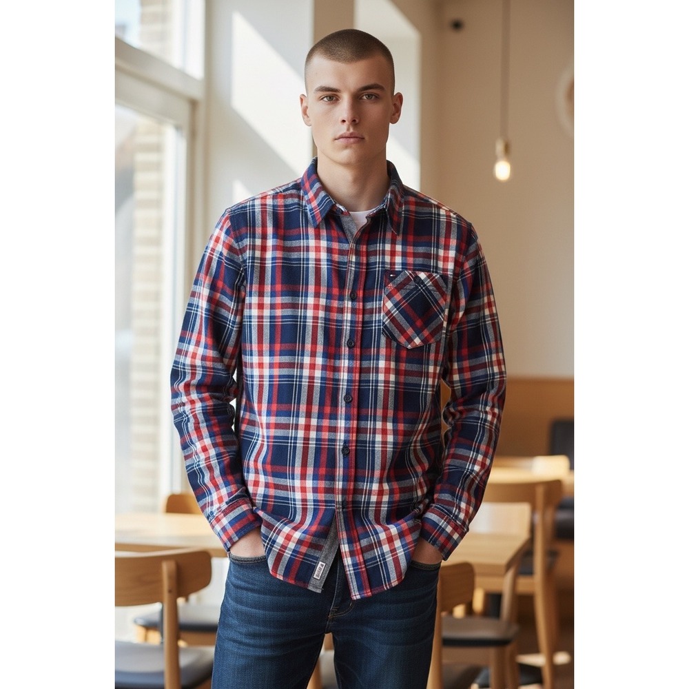 Tommy Hilfiger Boys Red White Blue Plaid Button Down Shirt Size M 12-14 Long Slv